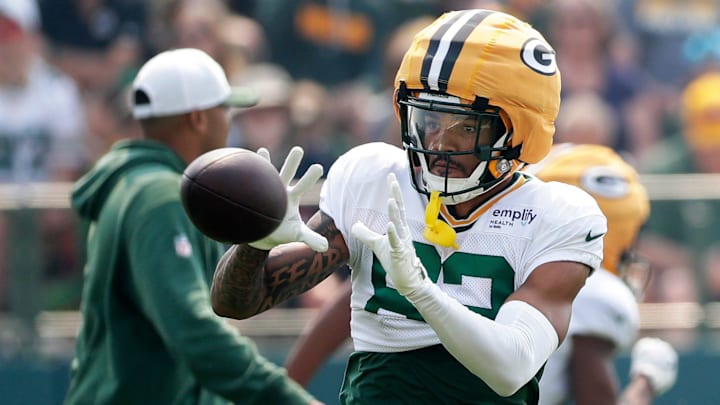 Green Bay Packers wide receiver Will Sheppard (82) participates in drills during practice on July 31, 2025, in Ashwaubenon, Wis.