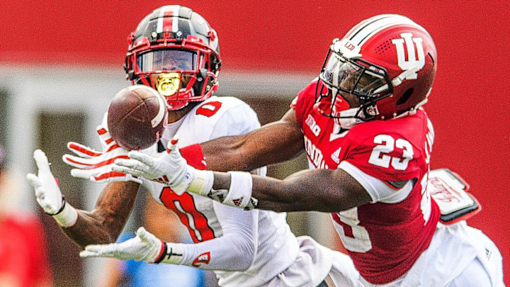 Indiana's Jaylin Williams (23) disrupts a pass during the Indiana versus Western Kentucky football game at Memorial Stadium on Sept. 17, 2022.