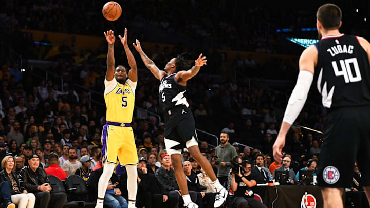 Nov 1, 2023; Los Angeles, California, USA;  Los Angeles Lakers forward Cam Reddish (5) shoots
