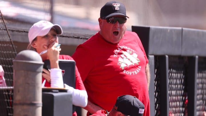 Texas Tech head coach Gerry Glasco calls out during a Big 12 Conference softball game, Sunday, March 29, 2026, at Tracy Sellers Field.
