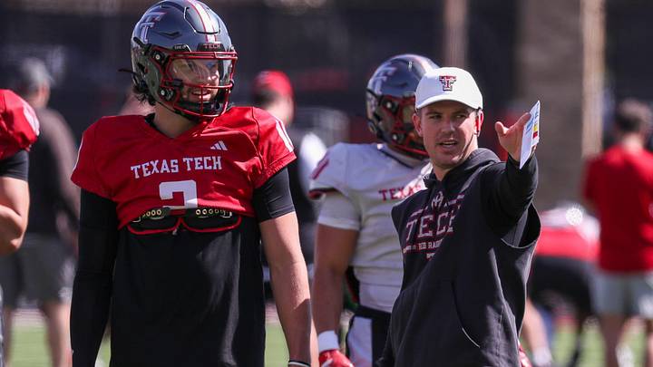 Texas Tech offensive coordinator Mack Leftwich talks to Brendan Sorsby during spring football practice, Thursday, April 9, 2026, at the Womble Football Center. Texas Tech offensive coordinator Mack Leftwich talks to Brendan Sorsby during spring football practice, Thursday, April 9, 2026, at the Womble Football Center.