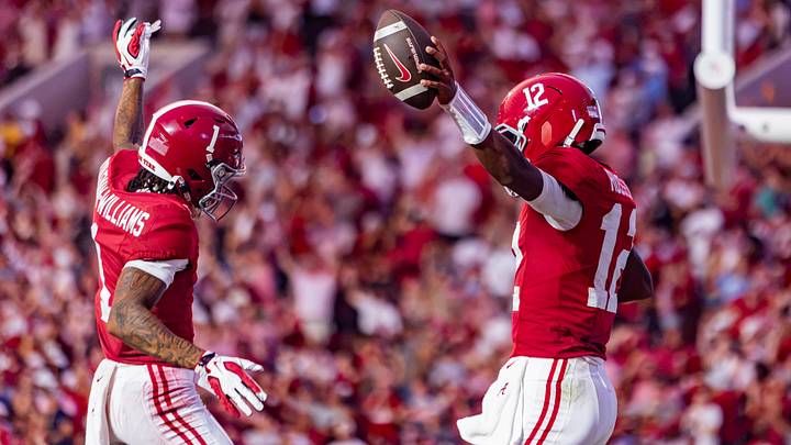 Alabama Quarterback Keelon Russell and Wide Receiver Ryan Coleman-Williams celebrate a touchdown in the second half of the game against FSU on Sept 19, 2026. Alabama Quarterback Keelon Russell and Wide Receiver Ryan Coleman-Williams celebrate a touchdown in the second half of the game against FSU on Sept 19, 2026.