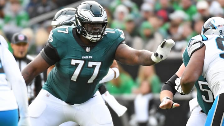 Dec 8, 2024; Philadelphia, Pennsylvania, USA; Philadelphia Eagles offensive tackle Mekhi Becton (77) against the Carolina Panthers at Lincoln Financial Field. Mandatory Credit: Eric Hartline-Imagn Images
