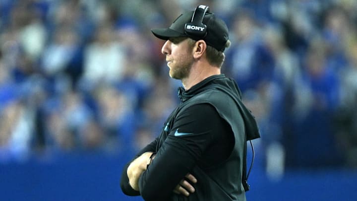 Dec 28, 2025; Indianapolis, Indiana, USA; Jacksonville Jaguars head coach Liam Coen during the second half against the Indianapolis Colts at Lucas Oil Stadium. Mandatory Credit: Robert Goddin-Imagn Images
