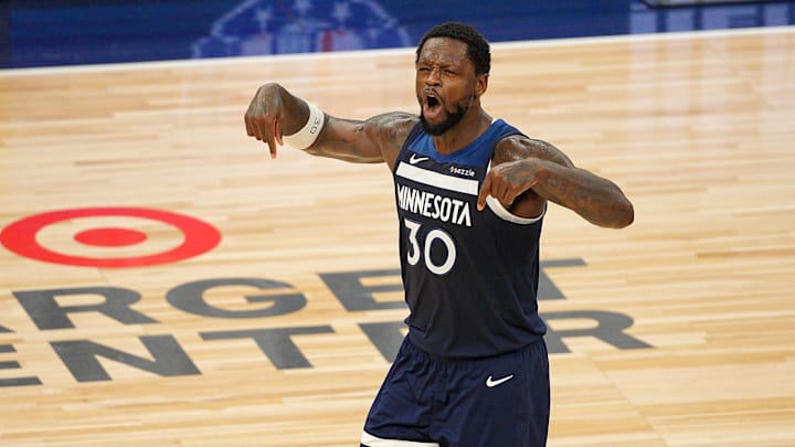 May 24, 2025; Minneapolis, Minnesota, USA; Minnesota Timberwolves forward Julius Randle (30) reacts against the Oklahoma City Thunder during the second half in game three of the western conference finals for the 2025 NBA Playoffs at Target Center.