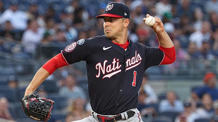 Aug 23, 2023; Bronx, New York, USA; Washington Nationals starting pitcher MacKenzie Gore (1) delivers a pitch during the first inning against the New York Yankees at Yankee Stadium.