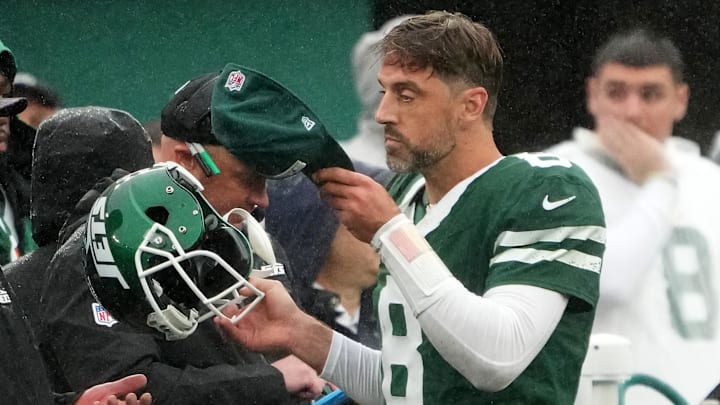 Sep 29, 2024; East Rutherford, New Jersey, USA;  New York Jets quarterback Aaron Rodgers (8) on the sidelines after theh Jets failed to score on the Denver Broncos late in the fourth quarter at MetLife Stadium.
