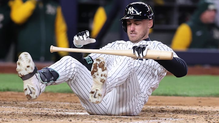 Apr 7, 2026; Bronx, New York, USA; New York Yankees left fielder Cody Bellinger (35) falls to the ground after fouling off a pitch in the sixth inning against the Athletics at Yankee Stadium. Mandatory Credit: Wendell Cruz-Imagn Images Apr 7, 2026; Bronx, New York, USA; New York Yankees left fielder Cody Bellinger (35) falls to the ground after fouling off a pitch in the sixth inning against the Athletics at Yankee Stadium. Mandatory Credit: Wendell Cruz-Imagn Images