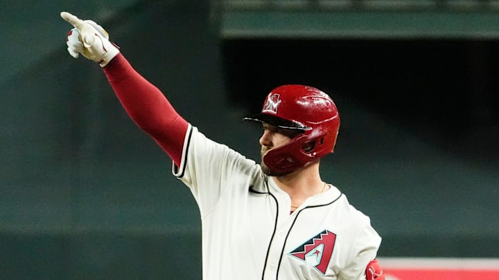 Arizona Diamondbacks Christian Walker (53) reacts after hitting an RBI-single against the San Francisco Giants in the fourth inning at Chase Field in Phoenix on Sept. 25, 2024.