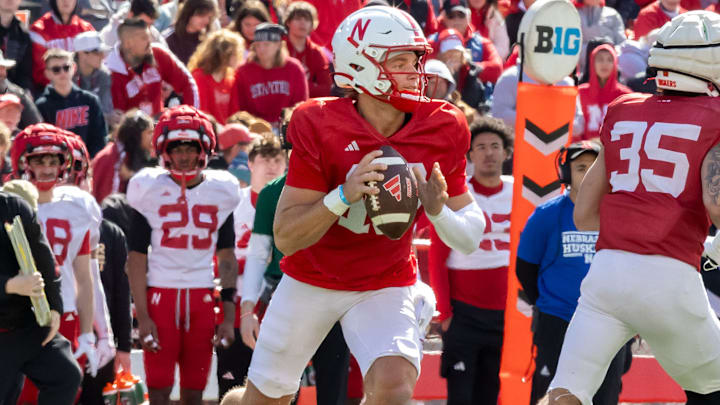 Nebraska quarterback Anthony Colandrea looks for a receiver during the 2026 Red-White Spring Game.