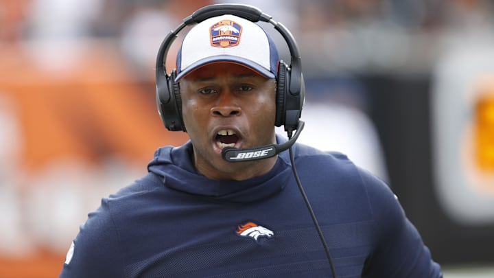 Dec 2, 2018; Cincinnati, OH, USA; Denver Broncos head coach Vance Joseph reacts during the first quarter against the Cincinnati Bengals at Paul Brown Stadium. Mandatory Credit: David Kohl-USA TODAY Sports