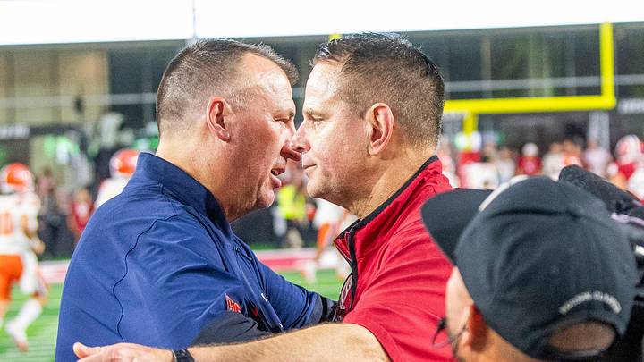 Illinois' Head Coach Bret Bielema and Indiana Head Coach Curt Cignetti meet after the game during the Indiana versus Illinois football game at Memorial Stadium on Saturday, Sept. 20, 2025 Illinois' Head Coach Bret Bielema and Indiana Head Coach Curt Cignetti meet after the game during the Indiana versus Illinois football game at Memorial Stadium on Saturday, Sept. 20, 2025