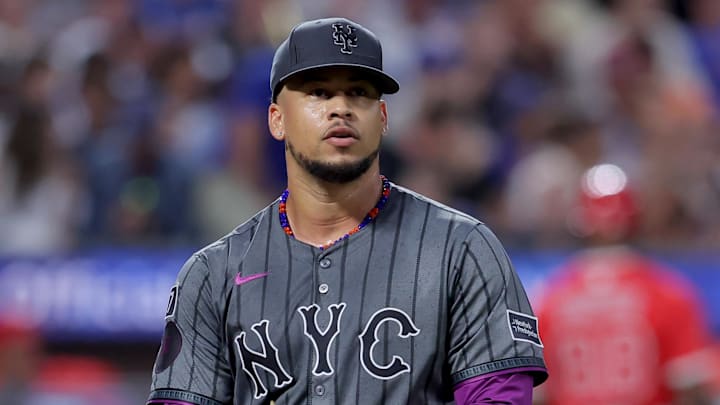 Jul 22, 2025; New York City, New York, USA; New York Mets starting pitcher Frankie Montas (47) reacts during the fifth inning against the Los Angeles Angels at Citi Field. Mandatory Credit: Brad Penner-Imagn Images
