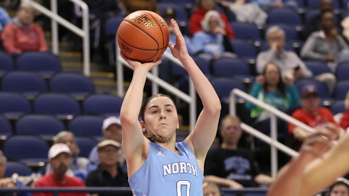 Mar 7, 2025; Greensboro, NC, USA;  North Carolina Tar Heels guard Lanie Grant (0) makes a 3 point shot against \Florida State Seminoles during the second quarter at First Horizon Coliseum. Mandatory Credit: Cory Knowlton-Imagn Images