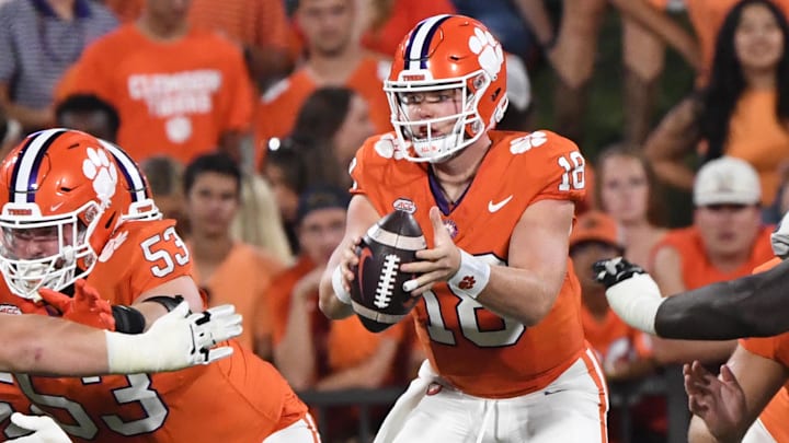 Sep 16, 2023; Clemson, South Carolina; Clemson quarterback Hunter Helms (18) takes a snap during the fourth quarter with Florida Atlantic at Memorial Stadium.  Mandatory Credit: Ken Ruinard-USA TODAY NETWORK