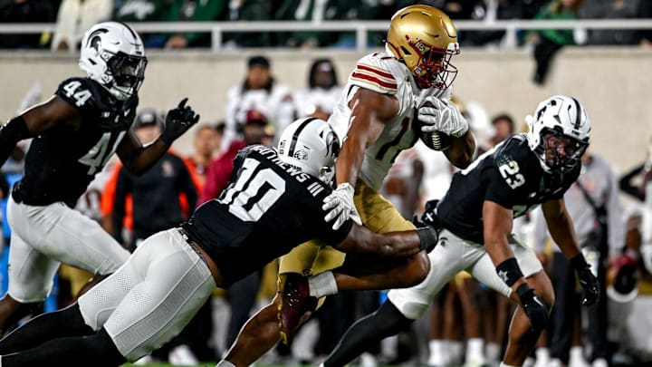 Michigan State's Wayne Matthews III, left, tackles Boston College's Lewis Bond during the second quarter on Saturday, Sept. 6, 2025, at Spartan Stadium in East Lansing. Michigan State's Wayne Matthews III, left, tackles Boston College's Lewis Bond during the second quarter on Saturday, Sept. 6, 2025, at Spartan Stadium in East Lansing.