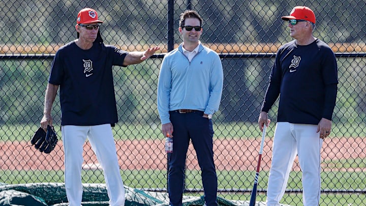Detroit Tigers special assistant Alan Trammell, left, talks to president of baseball operations Scott Harris and manager A.J. Hinch during spring training at TigerTown in Lakeland, Fla. on Wednesday, Feb. 21, 2024.