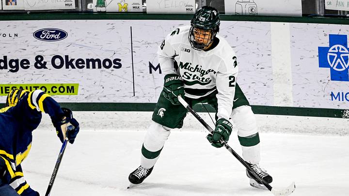 Michigan State's Cayden Lindstrom looks to pass against Michigan during the first period on Friday, Dec. 5, 2025, at Munn Ice Arena in East Lansing. Michigan State's Cayden Lindstrom looks to pass against Michigan during the first period on Friday, Dec. 5, 2025, at Munn Ice Arena in East Lansing.
