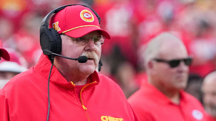 Sep 15, 2024; Kansas City, Missouri, USA; Kansas City Chiefs head coach Andy Reid watches play agains the Cincinnati Bengals during the first half at GEHA Field at Arrowhead Stadium. Mandatory Credit: Denny Medley-Imagn Images