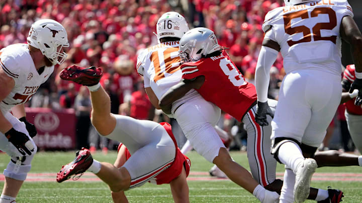 Ohio State Buckeyes linebacker Arvell Reese tackles Texas Longhorns quarterback Arch Manning on a run in the first quarter of their game at Ohio Stadium in Columbus, Ohio, on Aug 30, 2025. Ohio State Buckeyes linebacker Arvell Reese tackles Texas Longhorns quarterback Arch Manning on a run in the first quarter of their game at Ohio Stadium in Columbus, Ohio, on Aug 30, 2025.