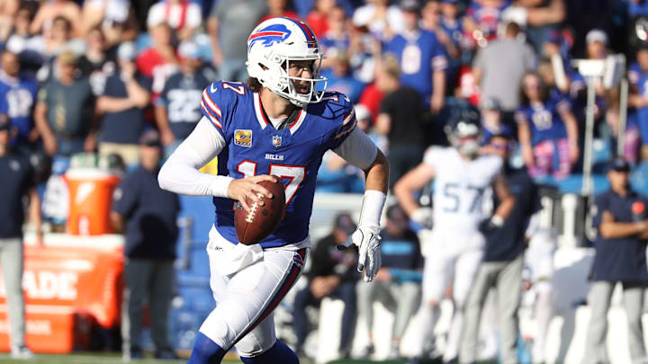 Bills quarterback Josh Allen runs laterally looking for an open receiver during second half action at Highmark Stadium in Orchard Park on Oct. 20, 2024.
