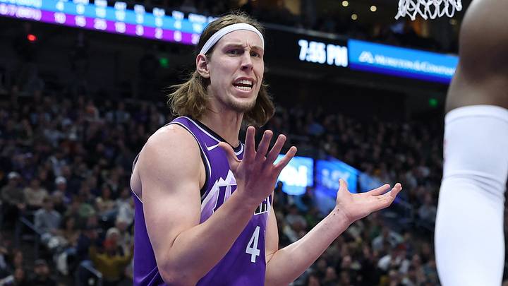 Feb 6, 2024; Salt Lake City, Utah, USA; Utah Jazz forward Kelly Olynyk (41) reacts to a foul call during the second quarter against the Oklahoma City Thunder at Delta Center. Mandatory Credit: Rob Gray-USA TODAY Sports