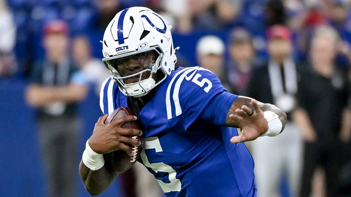 Indianapolis Colts quarterback Anthony Richardson Sr. (5) runs the ball against the Atlanta Falcons during the second half at Lucas Oil Stadium.