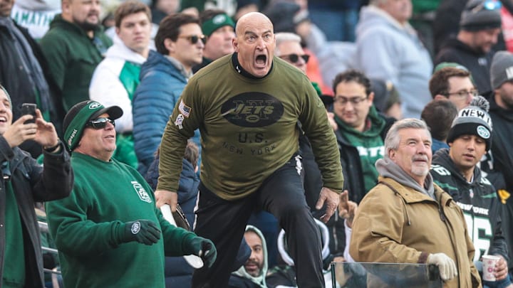 Dec 22, 2019; East Rutherford, New Jersey, USA; New York Jets fan Fireman Ed cheers during the second half of the game between the New York Jets and the Pittsburgh Steelers at MetLife Stadium.