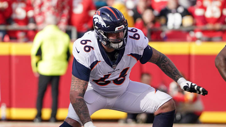 Jan 1, 2023; Kansas City, Missouri, USA; Denver Broncos guard Dalton Risner (66) on field against