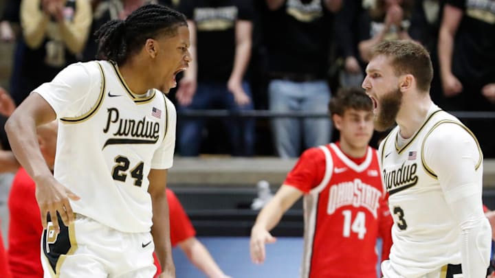 Purdue Boilermakers guard Gicarri Harris (24) celebrates with guard Braden Smith (3) Purdue Boilermakers guard Gicarri Harris (24) celebrates with guard Braden Smith (3)