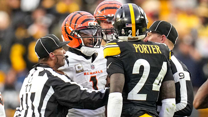 Cincinnati Bengals wide receiver Ja'Marr Chase (1) and Pittsburgh Steelers cornerback Joey Porter Jr. (24) exchange words in the fourth quarter of the NFL Week 11 game between the Pittsburgh Steelers and the Cincinnati Bengals at Acrisure Stadium in Pittsburgh on Sunday, Nov. 16, 2025. The Bengals lost 34-12. Cincinnati Bengals wide receiver Ja'Marr Chase (1) and Pittsburgh Steelers cornerback Joey Porter Jr. (24) exchange words in the fourth quarter of the NFL Week 11 game between the Pittsburgh Steelers and the Cincinnati Bengals at Acrisure Stadium in Pittsburgh on Sunday, Nov. 16, 2025. The Bengals lost 34-12.