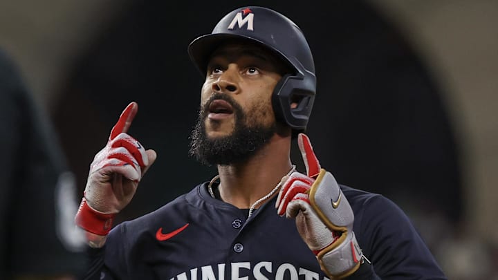 Jun 13, 2025; Houston, Texas, USA; Minnesota Twins center fielder Byron Buxton (25) reacts to his single against the Houston Astros in the first inning at Daikin Park.