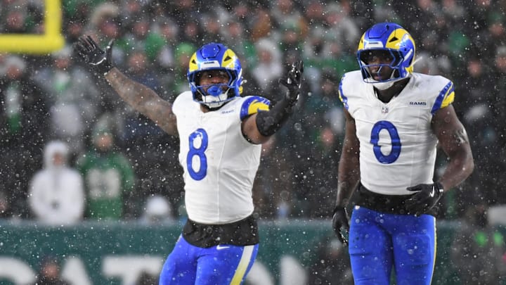 Jan 19, 2025; Philadelphia, Pennsylvania, USA; Los Angeles Rams linebacker Jared Verse (8) and linebacker Byron Young (0) celebrate a sack against the Philadelphia Eagles in a 2025 NFC divisional round game at Lincoln Financial Field. Mandatory Credit: Eric Hartline-Imagn Images Jan 19, 2025; Philadelphia, Pennsylvania, USA; Los Angeles Rams linebacker Jared Verse (8) and linebacker Byron Young (0) celebrate a sack against the Philadelphia Eagles in a 2025 NFC divisional round game at Lincoln Financial Field. Mandatory Credit: Eric Hartline-Imagn Images