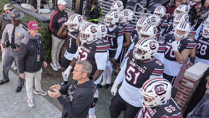 South Carolina Head Coach Shane Beamer claps before he and the team enter the field before the game with Clemson at Williams-Brice Stadium in Columbia, S.C. Saturday, November 29, 2025.