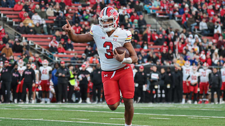 Nov 25, 2023; Piscataway, New Jersey, USA; Maryland Terrapins quarterback Taulia Tagovailoa (3).