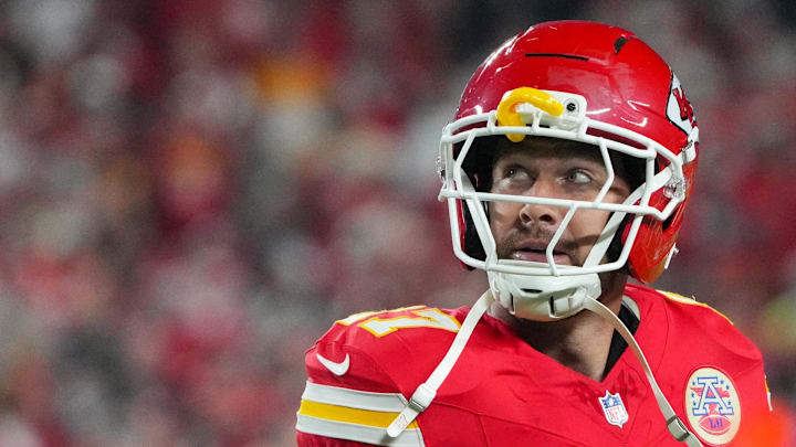 Oct 27, 2025; Kansas City, Missouri, USA; Kansas City Chiefs tight end Travis Kelce (87) reacts after an interception by the Washington Commanders during the second quarter of the game at GEHA Field at Arrowhead Stadium. Mandatory Credit: Denny Medley-Imagn Images
