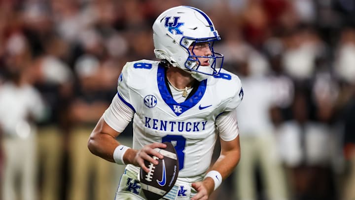 Sep 27, 2025; Columbia, South Carolina, USA; Kentucky Wildcats quarterback Cutter Boley (8) looks to pass against the South Carolina Gamecocks in the second quarter at Williams-Brice Stadium. Mandatory Credit: Jeff Blake-Imagn Images