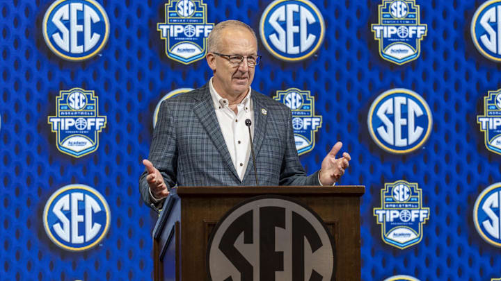 Oct 16, 2024; Birmingham, AL, USA; SEC commissioner Greg Sankey talks with the media during SEC Media Days at Grand Bohemian Hotel. Mandatory Credit: Vasha Hunt-Imagn Images