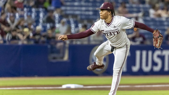 Mississippi State Bulldogs Jurrangelo Cijntje throws during an SEC Tournament game against Vanderbilt on May 23, 2024, at Hoover Metropolitan Stadium.
