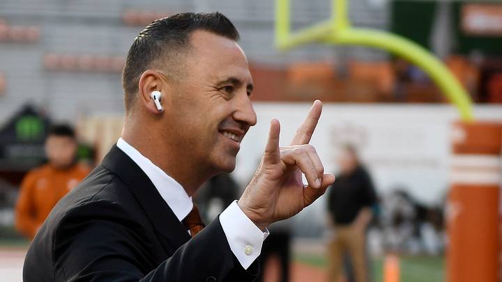 Texas' head coach Steve Sarkisian gestures \"hook em' horns\" before the game against Texas Tech, Friday, Nov. 24, 2023, at Darrell K. Royal-Texas Memorial Stadium in Austin. Texas' head coach Steve Sarkisian gestures \"hook em' horns\" before the game against Texas Tech, Friday, Nov. 24, 2023, at Darrell K. Royal-Texas Memorial Stadium in Austin.