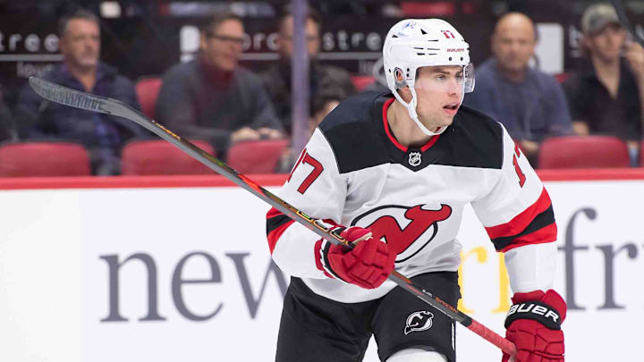 Oct 17, 2024; Ottawa, Ontario, CAN; New Jersey Devils defenseman Simon Nemec (17) skates in the first period against the Ottawa Senators at the Canadian Tire Centre. Mandatory Credit: Marc DesRosiers-Imagn Images Oct 17, 2024; Ottawa, Ontario, CAN; New Jersey Devils defenseman Simon Nemec (17) skates in the first period against the Ottawa Senators at the Canadian Tire Centre. Mandatory Credit: Marc DesRosiers-Imagn Images