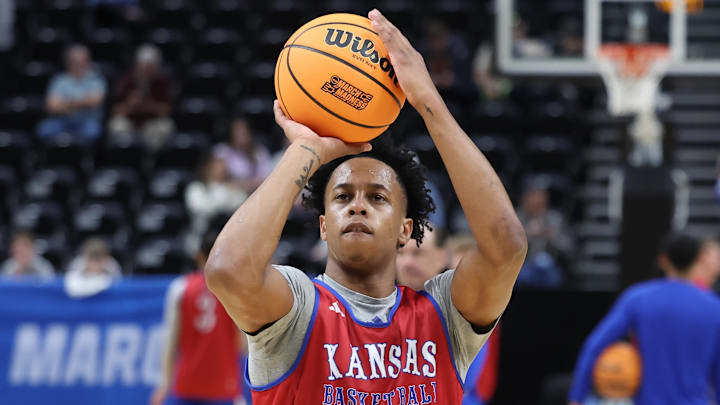 Mar 20, 2024; Salt Lake City, UT, USA; Kansas Jayhawks guard Elmarko Jackson (13) during the NCAA first round practice session at Delta Center. Mandatory Credit: Rob Gray-Imagn Images Mar 20, 2024; Salt Lake City, UT, USA; Kansas Jayhawks guard Elmarko Jackson (13) during the NCAA first round practice session at Delta Center. Mandatory Credit: Rob Gray-Imagn Images