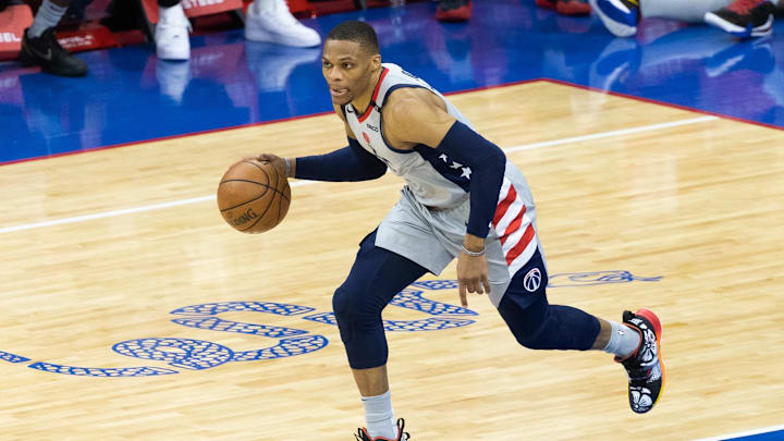 Jun 2, 2021; Philadelphia, Pennsylvania, USA; Washington Wizards guard Russell Westbrook (4) dribbles the ball up court against the Philadelphia 76ers during the fourth quarter in game five of the first round of the 2021 NBA Playoffs at Wells Fargo Center. Mandatory Credit: Bill Streicher-Imagn Images