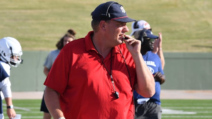 Wichita Falls Memorial's Head Coach Marc Bindel on the sidelines of the spring game on Tuesday, May 21, 2024, at Memorial Stadium. Bindel was hired as the Celina ISD football coach on March 24. 