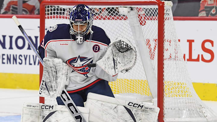 Apr 15, 2025; Philadelphia, Pennsylvania, USA; Columbus Blue Jackets goaltender Jet Greaves (73) makes a save against the Philadelphia Flyers during the second period at Wells Fargo Center. Mandatory Credit: Eric Hartline-Imagn Images