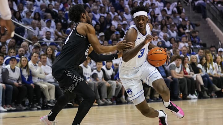 Feb 14, 2026; Provo, Utah, USA; BYU Cougars forward AJ Dybantsa (3) drives during the first half against the Colorado Buffaloes at the Marriott Center. Mandatory Credit: Aaron Baker-Imagn Images Feb 14, 2026; Provo, Utah, USA; BYU Cougars forward AJ Dybantsa (3) drives during the first half against the Colorado Buffaloes at the Marriott Center. Mandatory Credit: Aaron Baker-Imagn Images