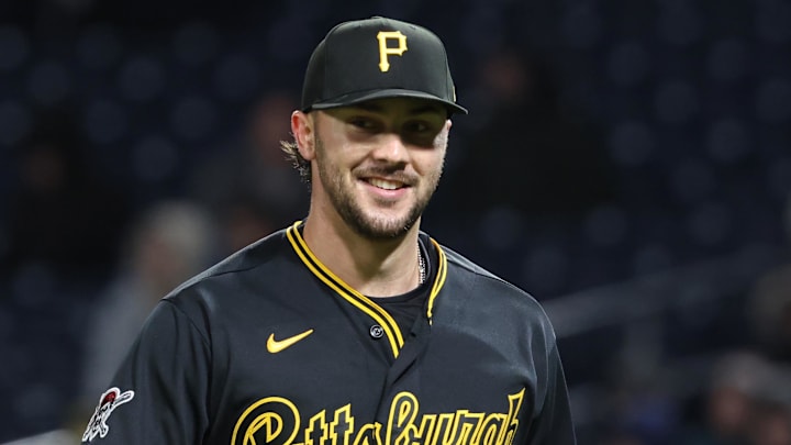 Apr 7, 2026; Pittsburgh, Pennsylvania, USA; Pittsburgh Pirates pitcher Paul Skenes (30) reacts after pitching the sixth inning against the San Diego Padres at PNC Park. Mandatory Credit: Charles LeClaire-Imagn Images