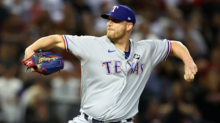 Oct 31, 2023; Phoenix, Arizona, USA; Texas Rangers relief pitcher Will Smith (51) throws a pitch