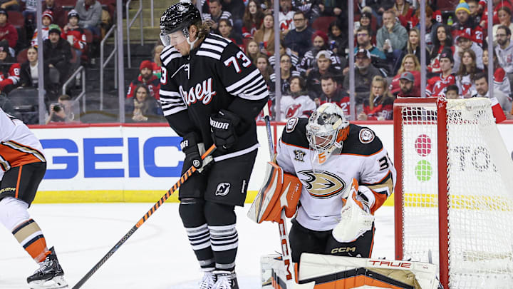 New Jersey Devils right wing Tyler Toffoli (73) and Anaheim Ducks goalie John Gibson