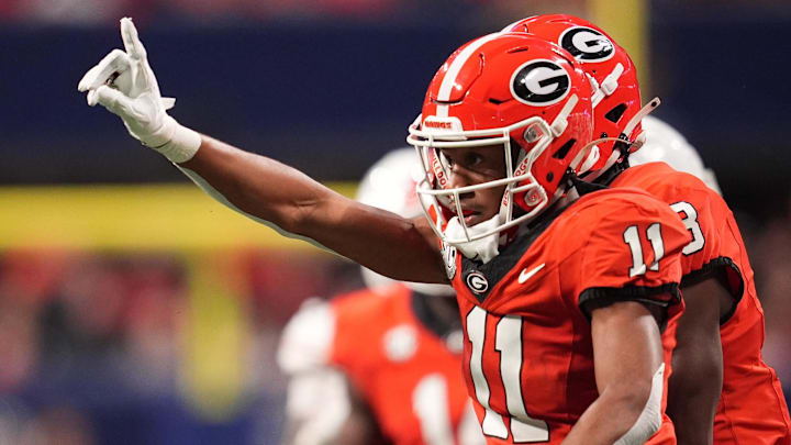 Dec 7, 2024; Atlanta, GA, USA; Georgia Bulldogs linebacker Jalon Walker (11) reacts against the Texas Longhorns during the first half in the 2024 SEC Championship game at Mercedes-Benz Stadium. Mandatory Credit: Dale Zanine-Imagn Images